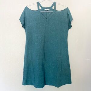 Amaryllis Teal Off Shoulder Mini T Shirt Dress